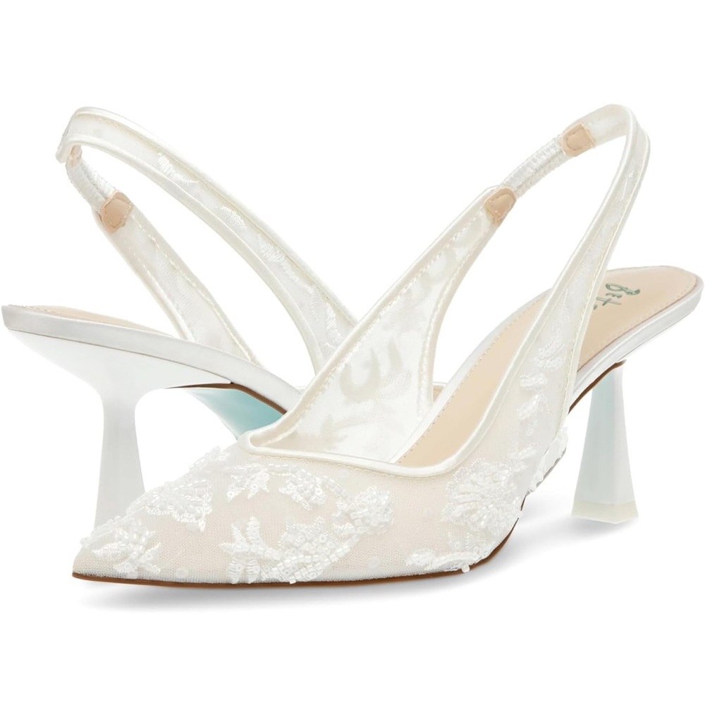 Betsey Johnson White Slingback Heels with Pointed Toe and Unique Sculptural Heel